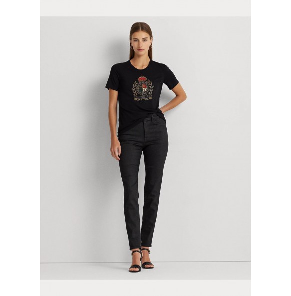 Lauren Ralph Lauren Beaded-Crest Cotton-Blend Jersey Tee BLACK