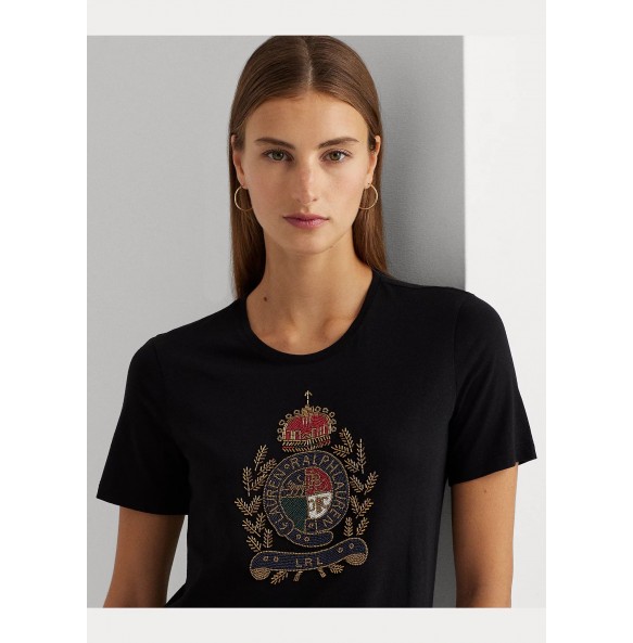 Lauren Ralph Lauren Beaded-Crest Cotton-Blend Jersey Tee BLACK