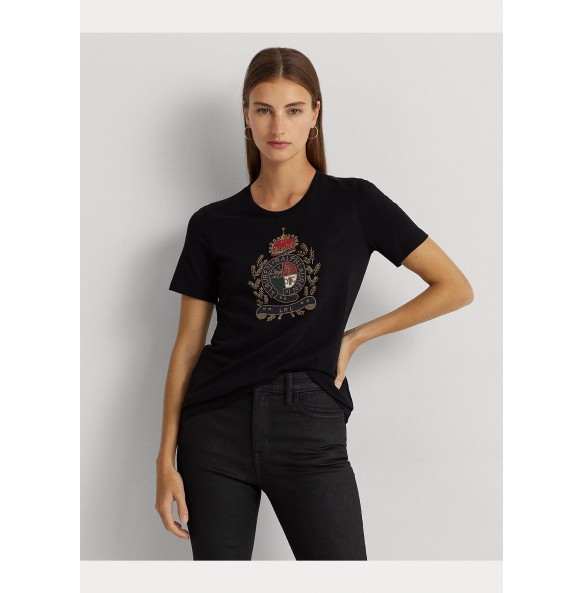 Lauren Ralph Lauren Beaded-Crest Cotton-Blend Jersey Tee BLACK