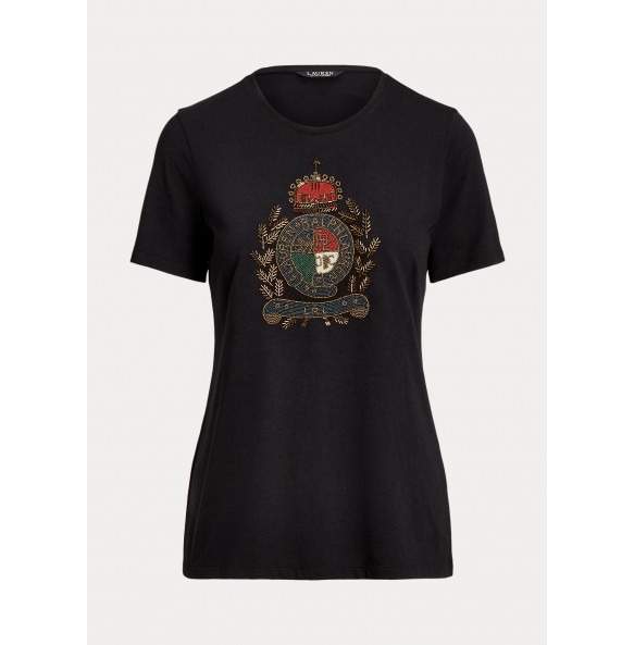 Lauren Ralph Lauren Beaded-Crest Cotton-Blend Jersey Tee BLACK Lauren Ralph Lauren Beaded-Crest Cotton-Blend Jersey Tee BLACK