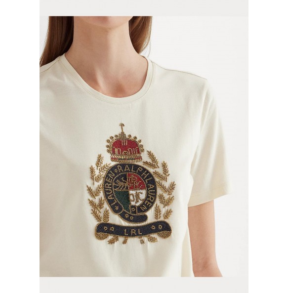 Lauren Ralph Lauren Beaded-Crest Cotton-Blend Jersey Tee CREAM