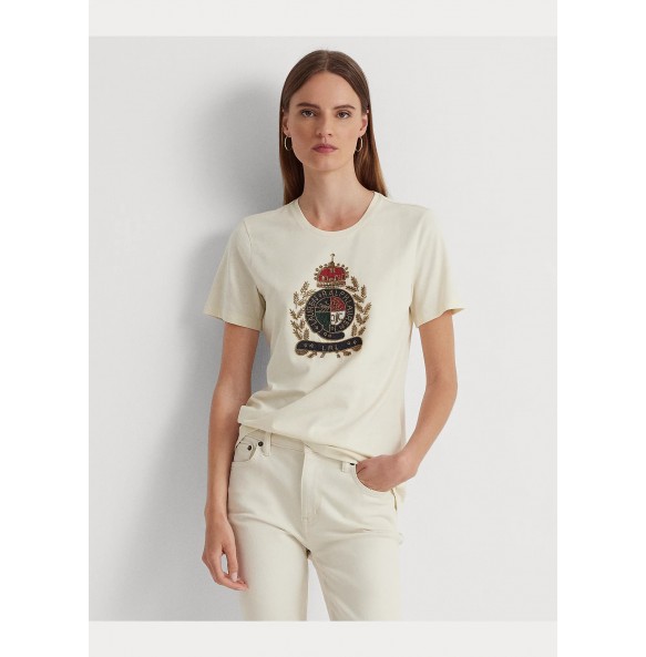 Lauren Ralph Lauren Beaded-Crest Cotton-Blend Jersey Tee CREAM