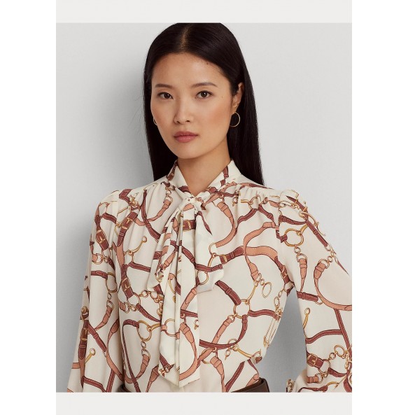 Lauren Ralph Lauren Belting-Print Georgette Tie-Neck Blouse