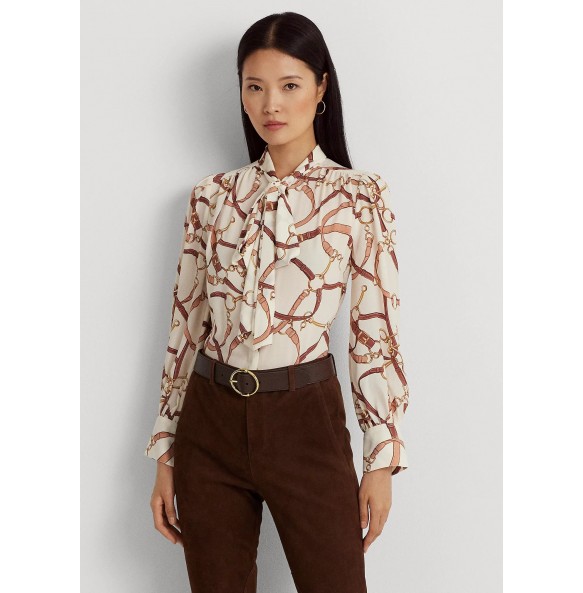 Lauren Ralph Lauren Belting-Print Georgette Tie-Neck Blouse