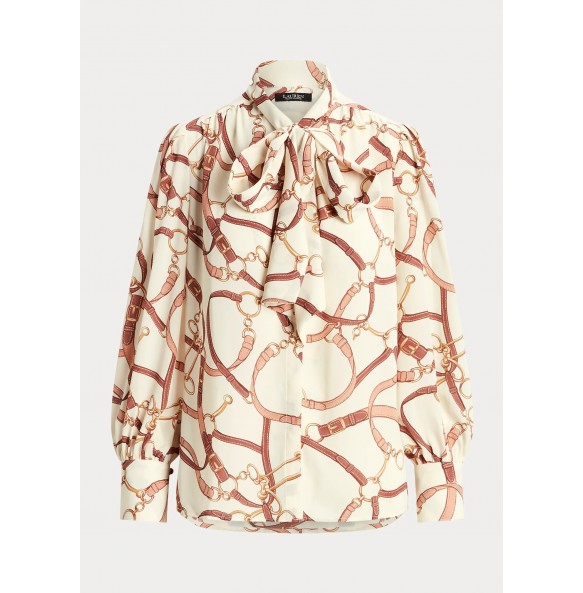 Lauren Ralph Lauren Belting-Print Georgette Tie-Neck Blouse