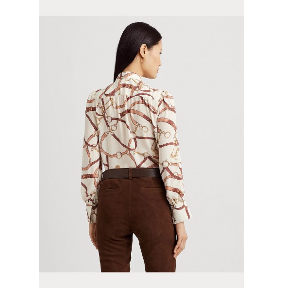 Lauren Ralph Lauren Belting-Print Georgette Tie-Neck Blouse